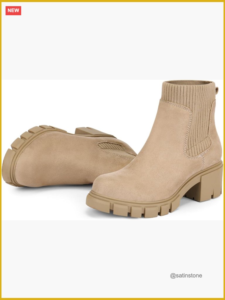 Women's Chelsea Ankle Boots Chunky Heel Lug Sole Suede